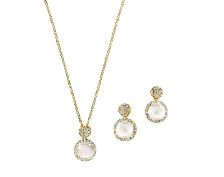 ARURE DE BIJOUX DE MARIÉE DZ0147G – COLLIER ET BOUCLES DORÉS AUX PERLES ET ZIRCONIUM G.Westerleigh