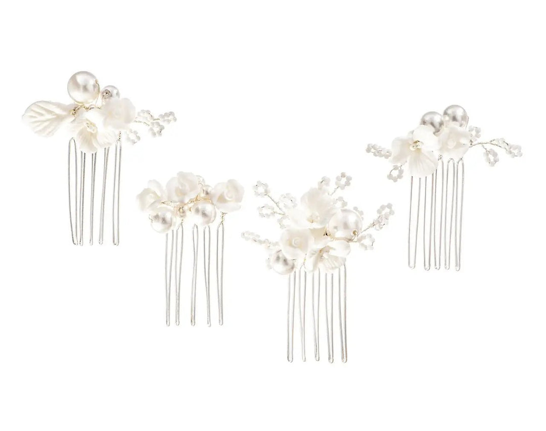 ENSEMBLE DE 4 PEIGNES À CHEVEUX MARIAGE HC0422 – FLEURS BLANCHES ET PERLES CÉRAMIQUE G.Westerleigh