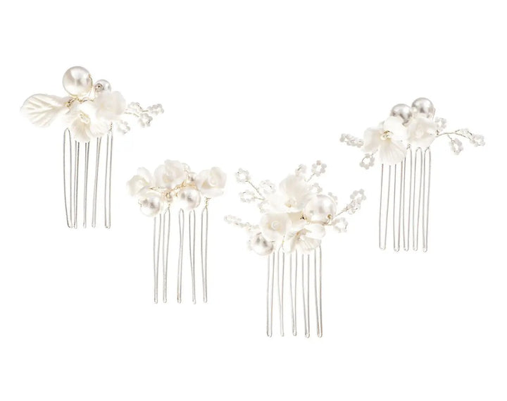 ENSEMBLE DE 4 PEIGNES À CHEVEUX MARIAGE HC0422 – FLEURS BLANCHES ET PERLES CÉRAMIQUE G.Westerleigh