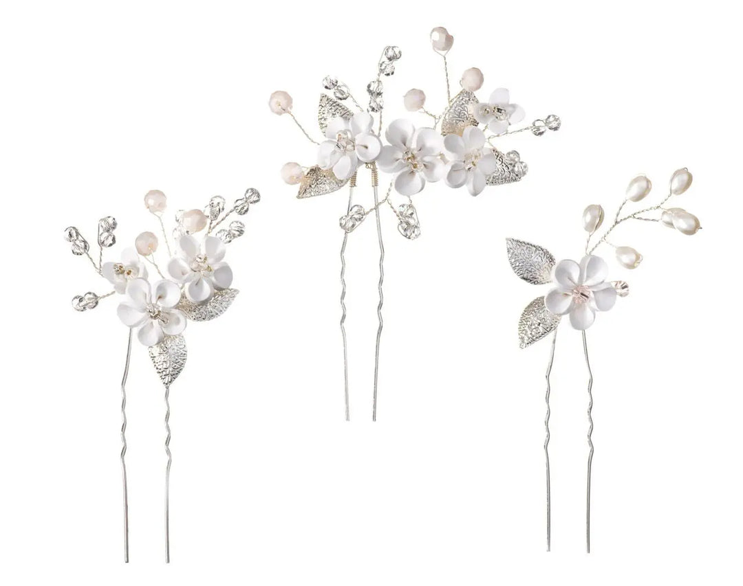 ÉPINGLES À CHEVEUX DE MARIÉE – FLEURS EN CÉRAMIQUE ET PERLES NACRÉES HP7021 G.Westerleigh