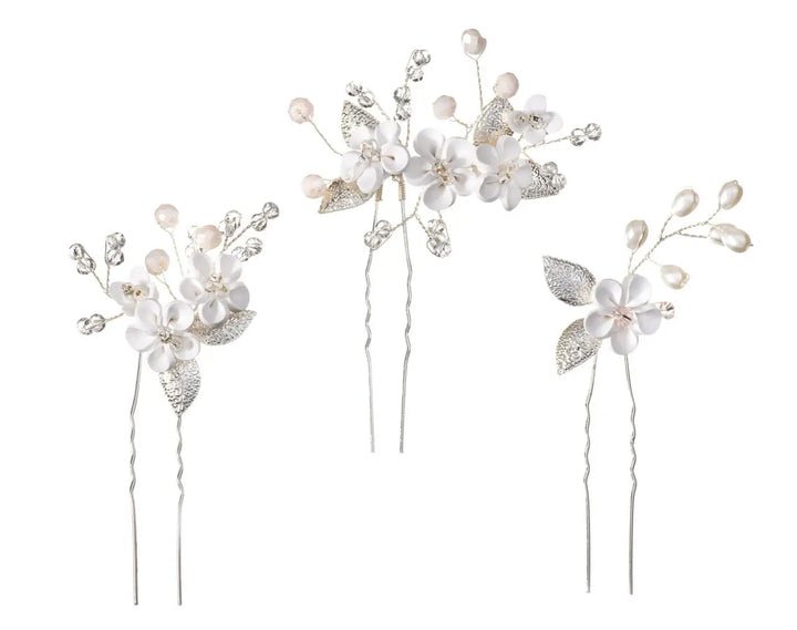 ÉPINGLES À CHEVEUX DE MARIÉE – FLEURS EN CÉRAMIQUE ET PERLES NACRÉES HP7021 G.Westerleigh