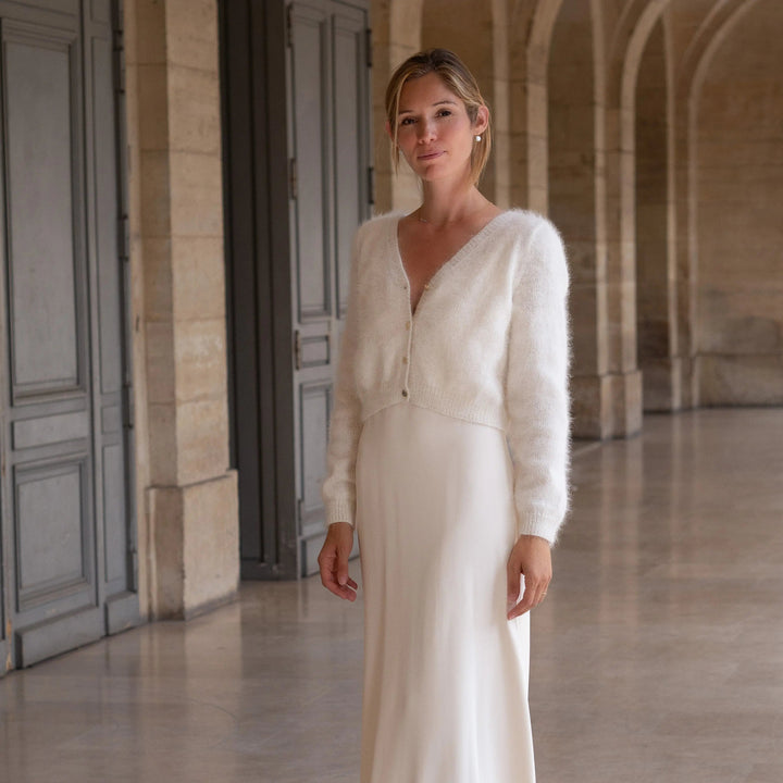GILET MARIÉE REVERSIBLE PAULINE - ANGORA IVOIRE CHIC POUR MARIAGE D'HIVER Adepte