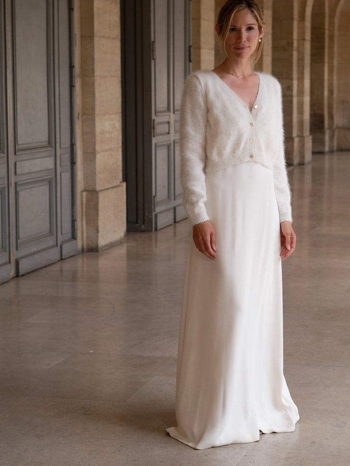 GILET MARIÉE REVERSIBLE PAULINE - ANGORA IVOIRE CHIC POUR MARIAGE D'HIVER Adepte