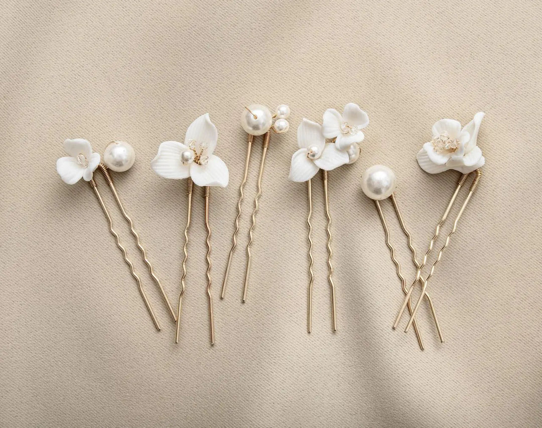 LOT DE 6 ÉPINGLES À CHEVEUX MARIÉE FLEURS ET PERLES PLAQUÉ OR HP0424 G.Westerleigh