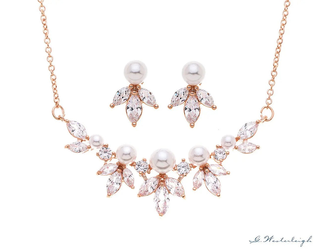 PARURE DE BIJOUX DE MARIÉE DZ0509RG – COLLIER ET BOUCLES PLAQUÉS OR ROSE G.westerleiigh
