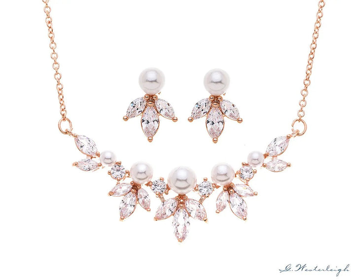 PARURE DE BIJOUX DE MARIÉE DZ0509RG – COLLIER ET BOUCLES PLAQUÉS OR ROSE G.westerleiigh