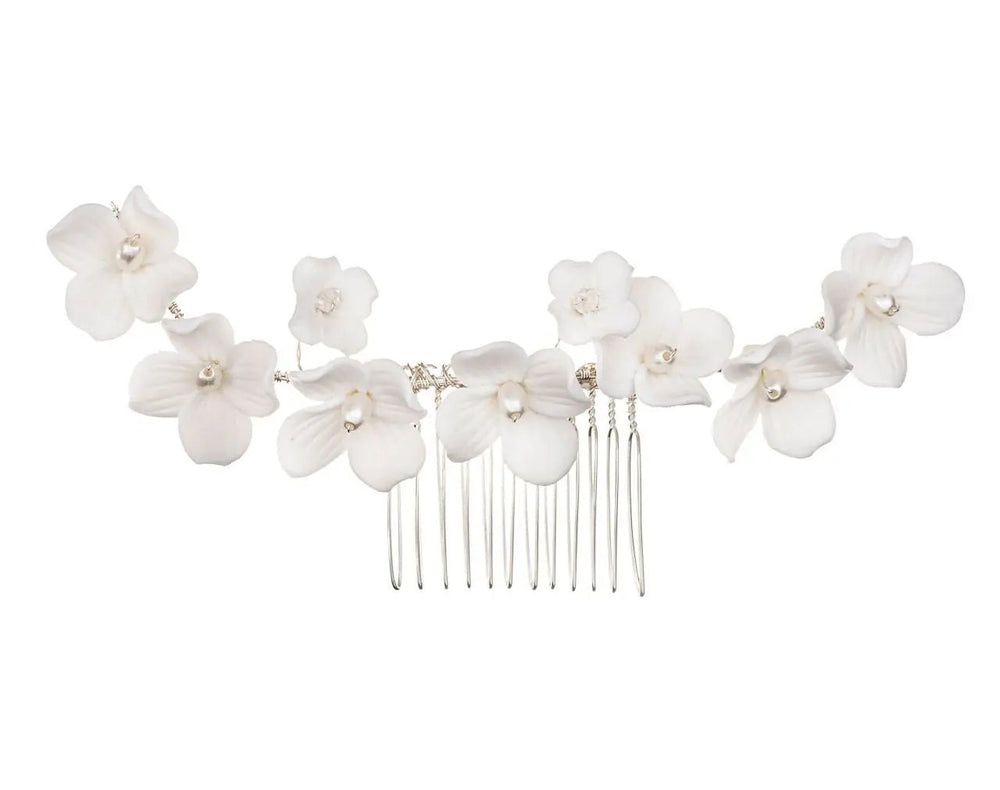 PEIGNE À CHEVEUX MARIAGE HC0408 – FLEURS CÉRAMIQUE BLANCHES ET PERLES G.Westerleigh
