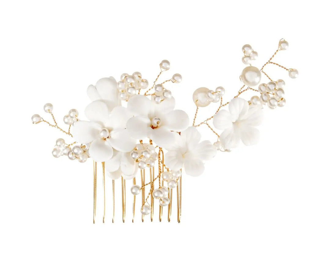 PEIGNE À CHEVEUX MARIAGE HC6822G – FLEURS CÉRAMIQUE BLANCHES ET PERLES PLAQUÉ OR G.Westerleigh