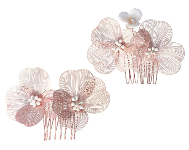 PEIGNE À CHEVEUX MARIAGE OR ROSE HC0416RG – FLEURS EN RELIEF ET PERLES IVOIRE G.Westerleigh