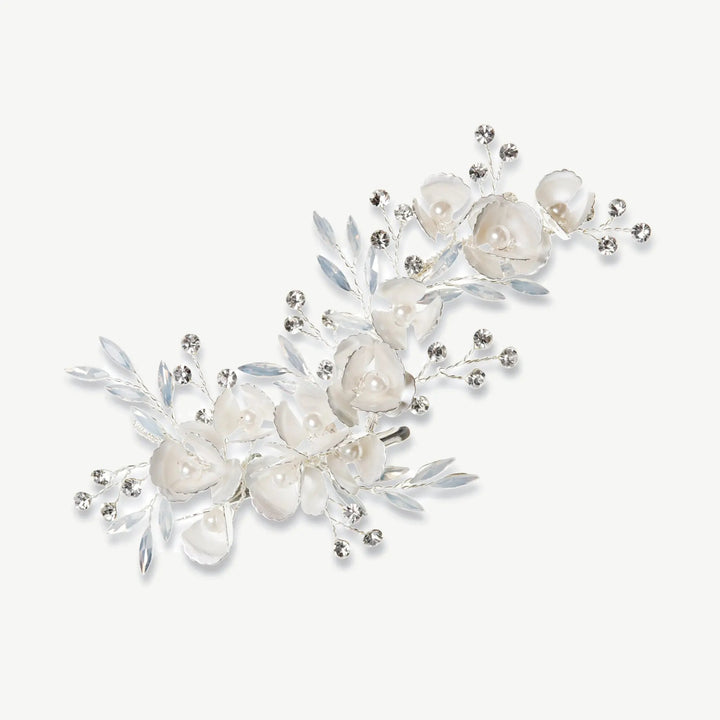 PINCE À CHEVEUX ARGENTÉE FORGET ME NOT – FLEURS ÉMAILLÉES ET CRISTAUX OPALESCENTS Ivory and co