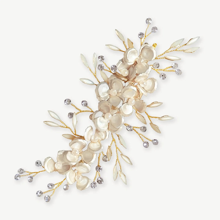 PINCE À CHEVEUX DORÉE BLEUET – FLEURS ÉMAILLÉES ET CRISTAUX OPALESCENTS Ivory and co