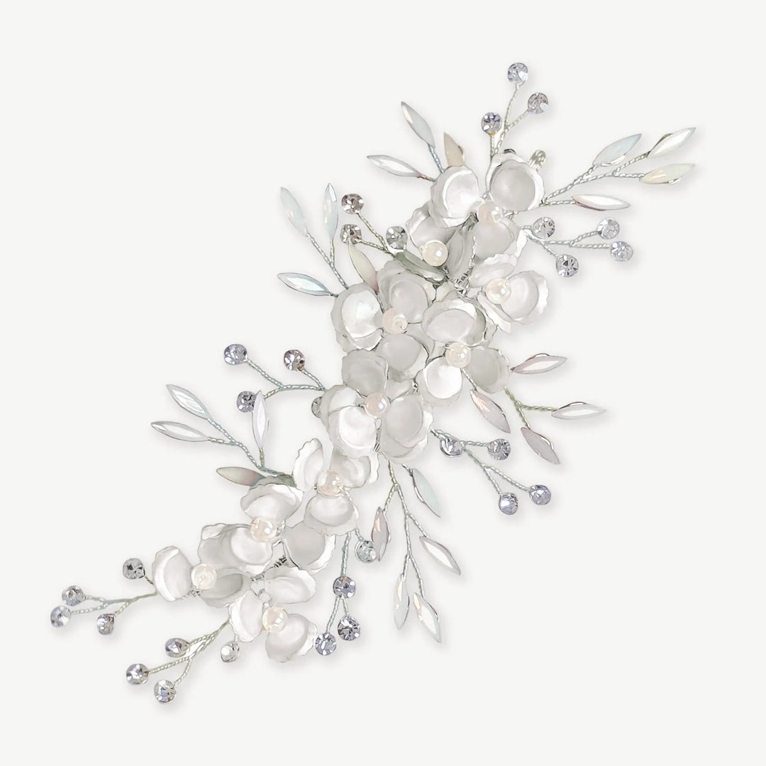 PINCE À CHEVEUX DORÉE BLEUET – FLEURS ÉMAILLÉES ET CRISTAUX OPALESCENTS Ivory and co