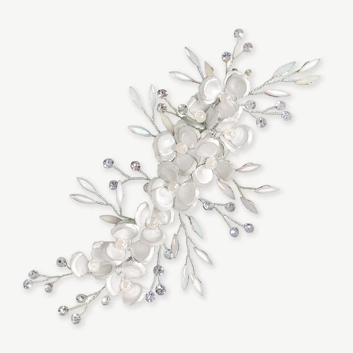 PINCE À CHEVEUX DORÉE BLEUET – FLEURS ÉMAILLÉES ET CRISTAUX OPALESCENTS Ivory and co