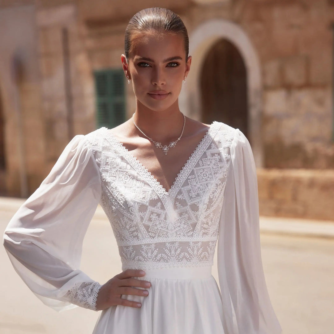 TOP MARIÉE MOUSSELINE ET MANCHES LONGUES BOUFFANTES E484 Bianco evento