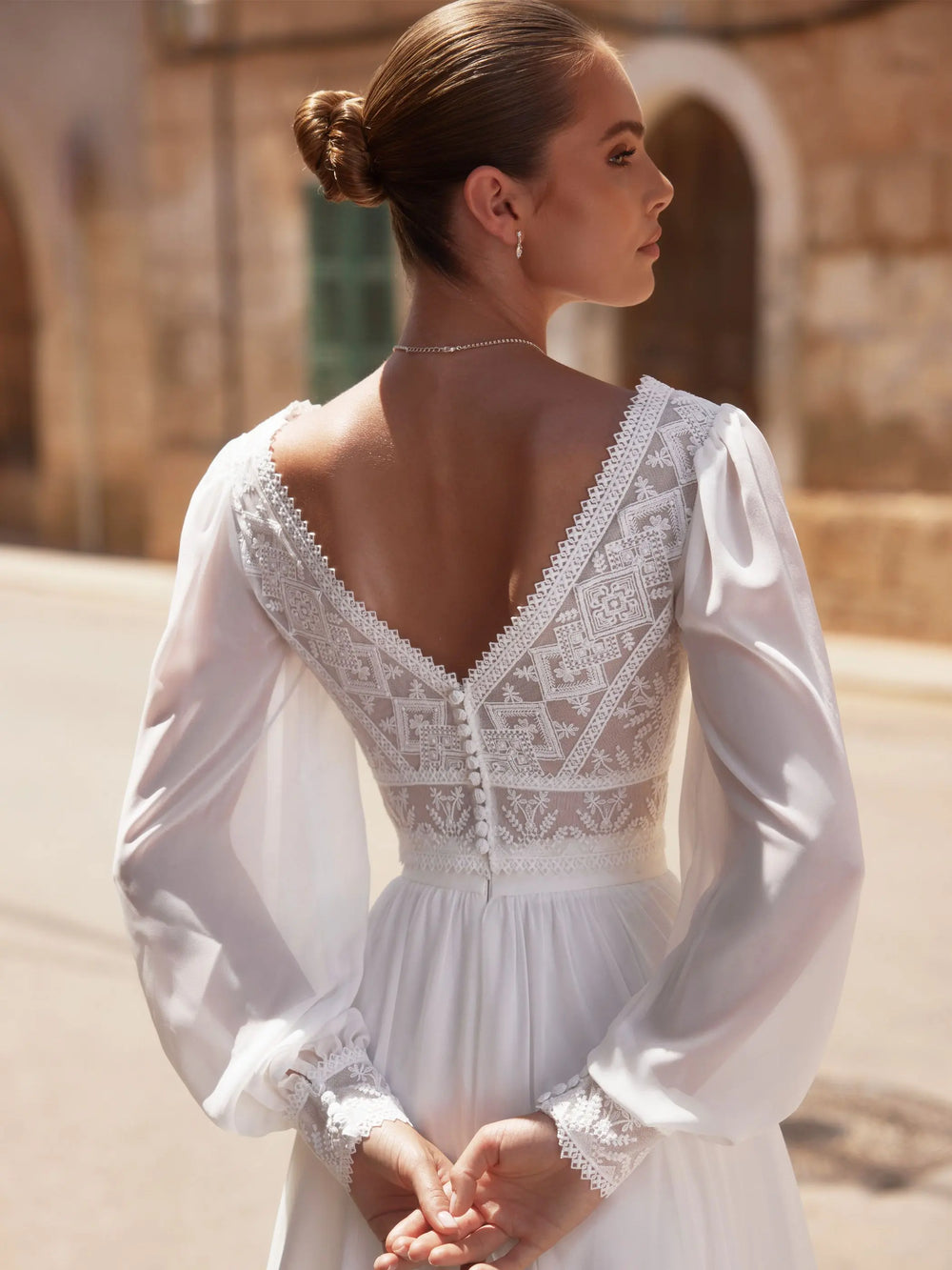 TOP MARIÉE MOUSSELINE ET MANCHES LONGUES BOUFFANTES E484 Bianco evento