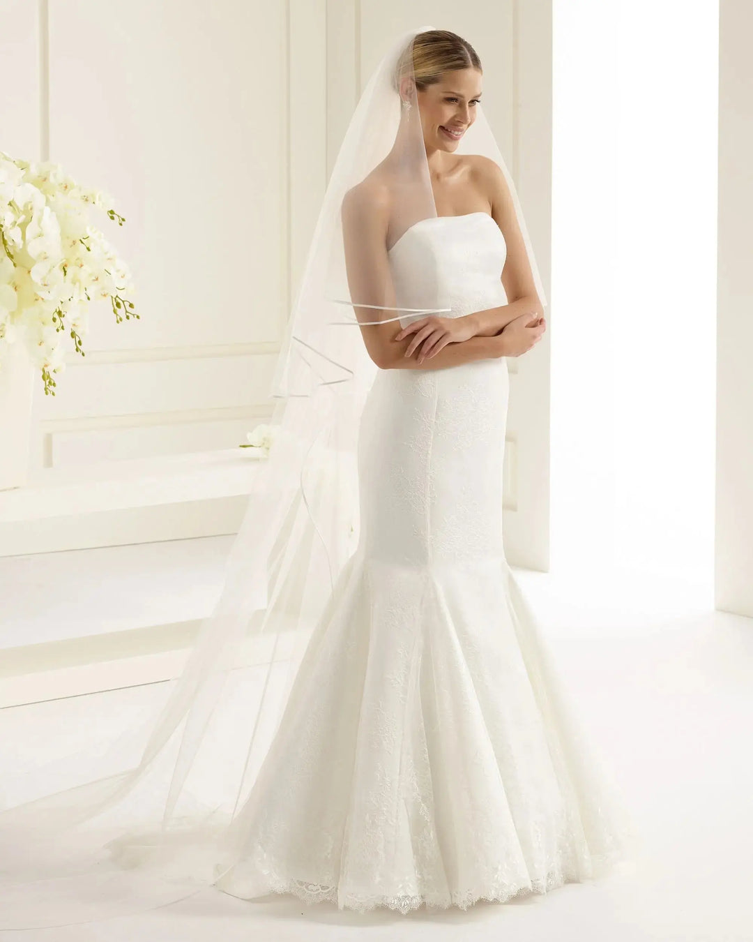 VOILE DE MARIÉE LONG BORDURE SATIN 300 CM AVEC RABAT S146 Bianco Evento