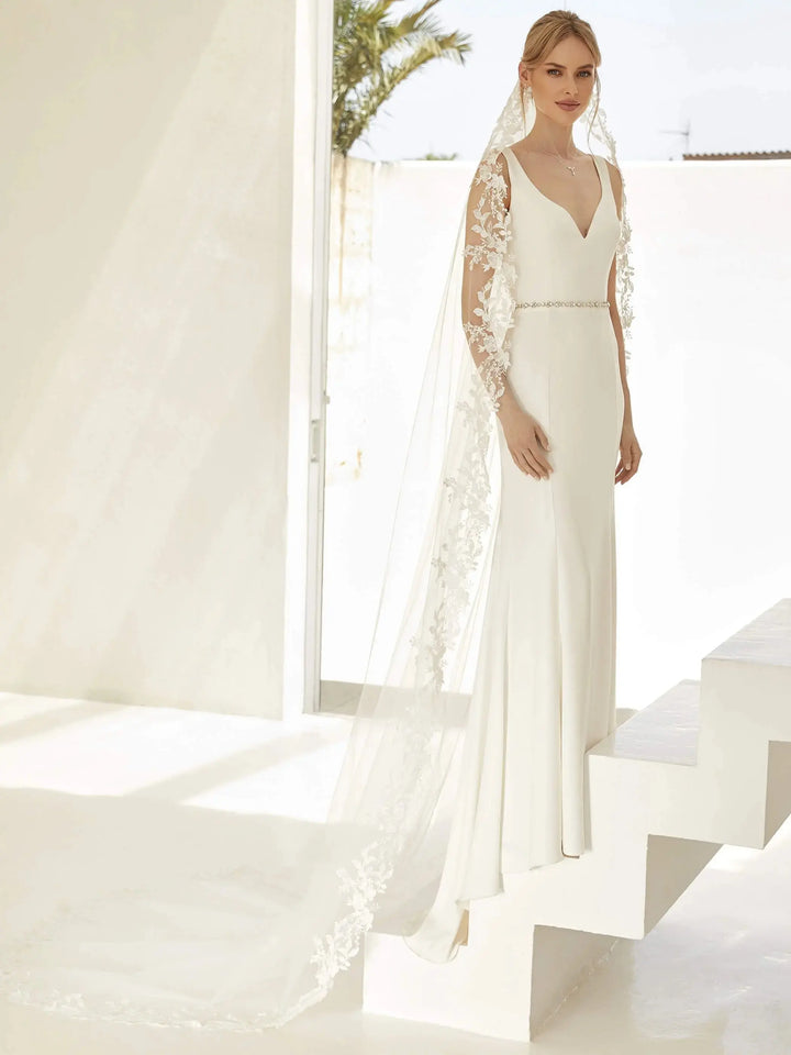 VOILE DE MARIÉE LONG EN TULLE DIAMOND AVEC BORDURE EN DENTELLE S422 Bianco Evento