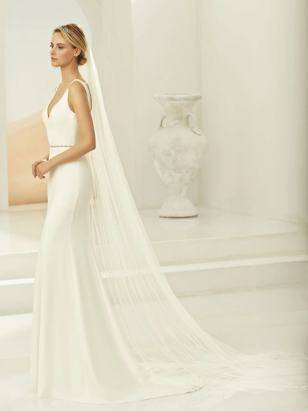 VOILE DE MARIÉE LONG SIMPLE TULLE SOUPLE AVEC FINITION SATIN S389 250 CM Bianco Evento