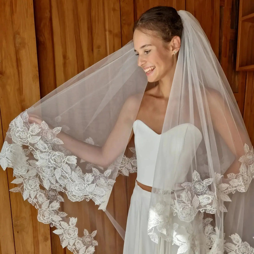 VOILE DE MARIÉE MALI WD119 – DOUBLE COUCHE EN TULLE ET DENTELLE FLORALE Novias