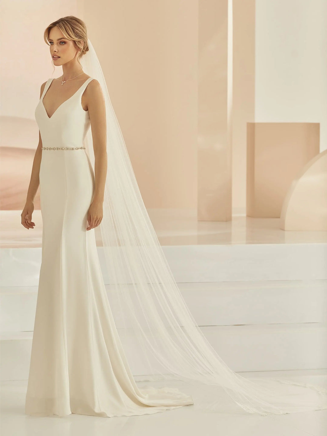 VOILE DE MARIÉE S414 EN TULLE IVOIRE 250 CM AVEC APPLIQUES DENTELLE Bianco Evento