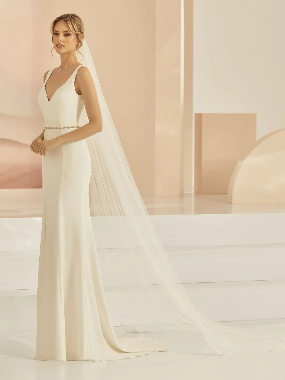 VOILE DE MARIÉE S416 EN TULLE IVOIRE 300 CM AVEC DENTELLE PERLÉE Bianco Evento
