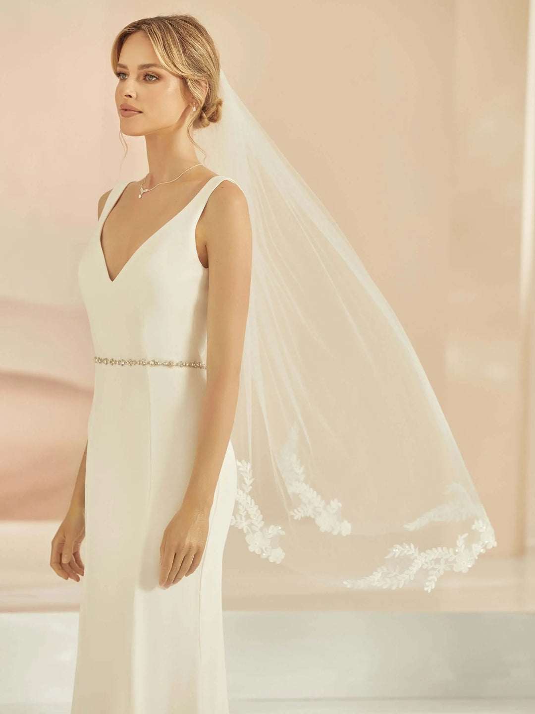 VOILE DE MARIÉE S418 EN TULLE IVOIRE 110 CM AVEC APPLIQUES DENTELLE PAILLETÉE Bianco Evento