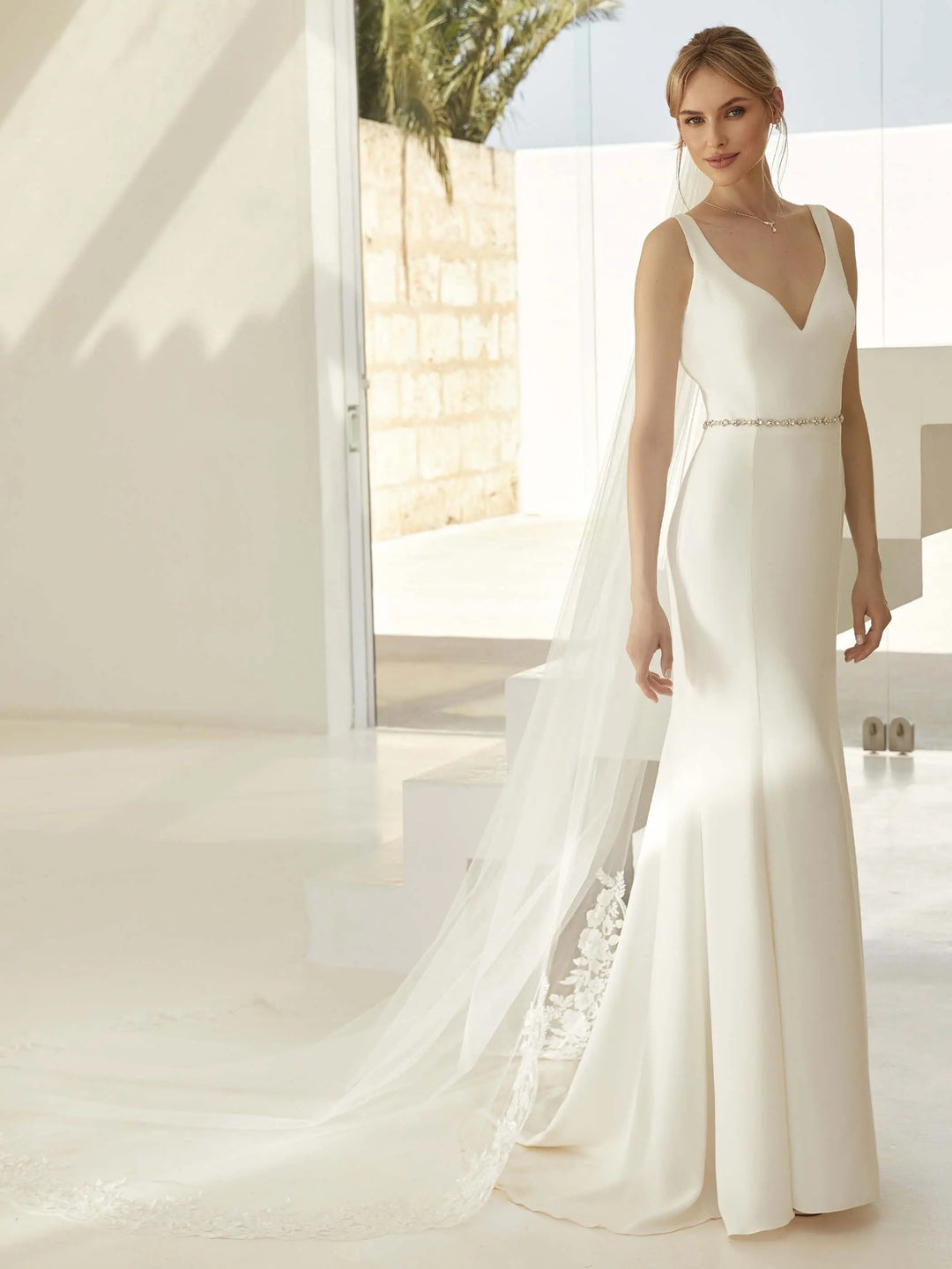 VOILE DE MARIÉE S421 EN TULLE IVOIRE 280 CM AVEC DENTELLE Bianco Evento