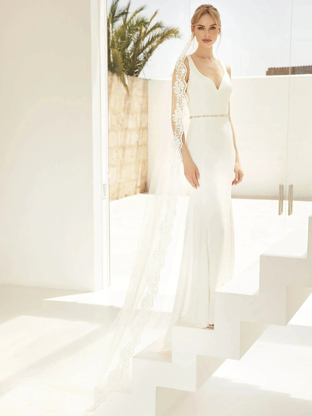 VOILE DE MARIÉE S424 EN TULLE DIAMOND 300 CM AVEC DENTELLE ET PERLES Bianco Evento