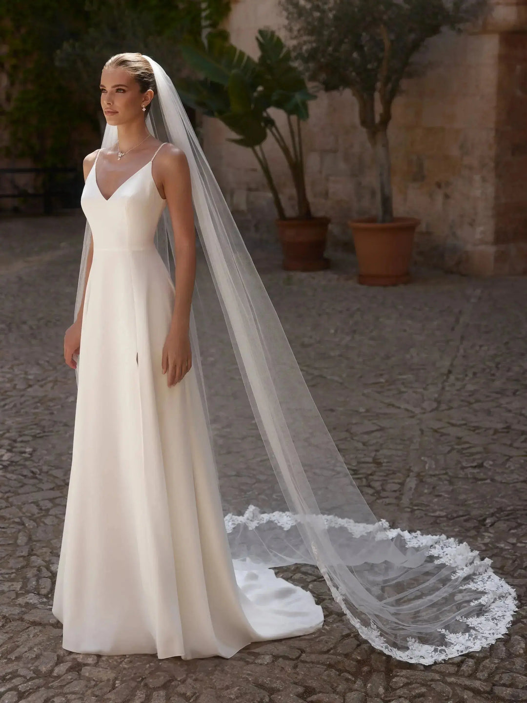 VOILE DE MARIÉE S514 – LONGUEUR CATHÉDRALE 280 CM AVEC BORDURE DENTELLE 3D Bianco Evento