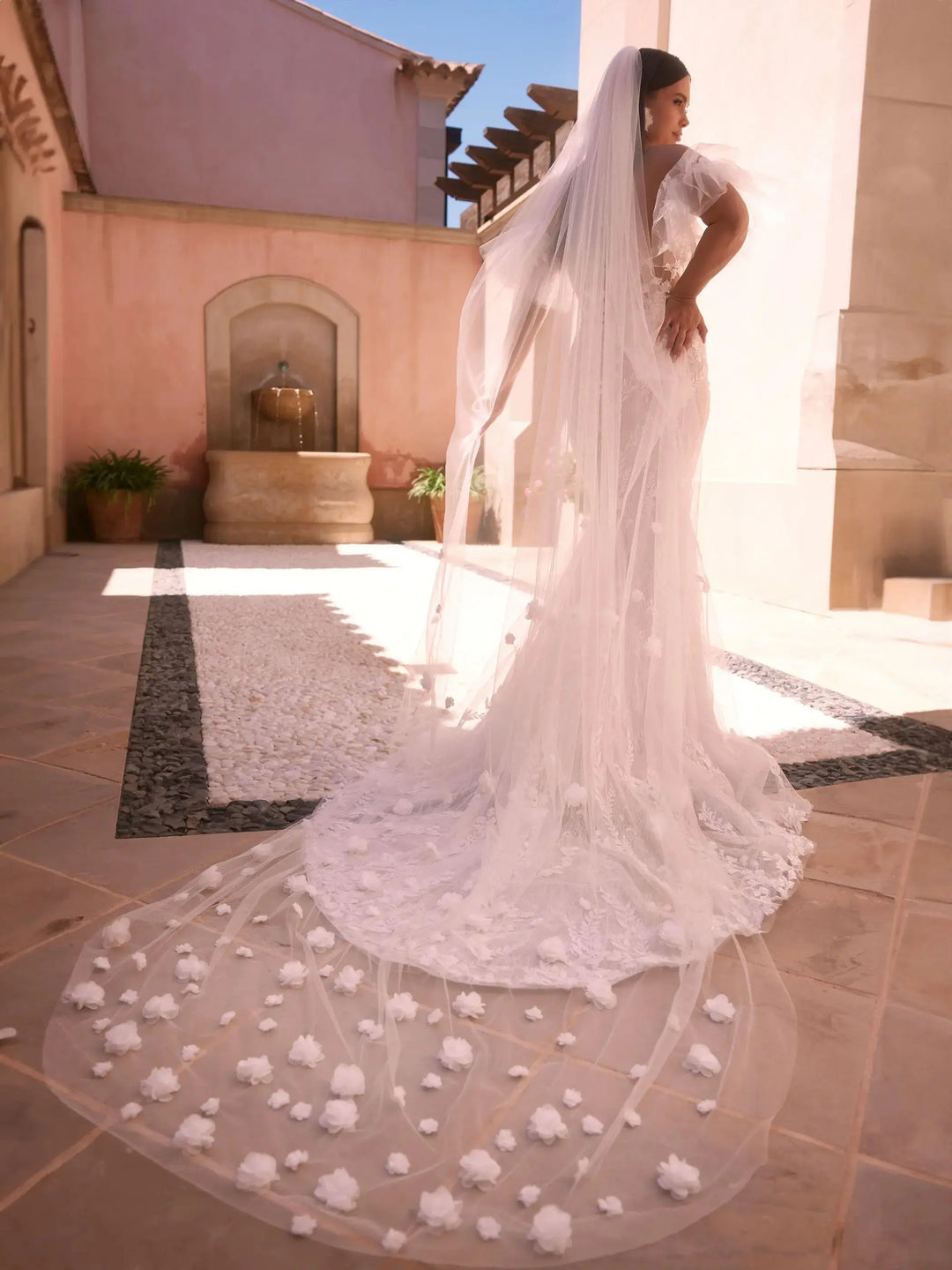VOILE DE MARIÉE S517 EN TULLE IVOIRE 300 CM AVEC FLEURS 3D Bianco Evento