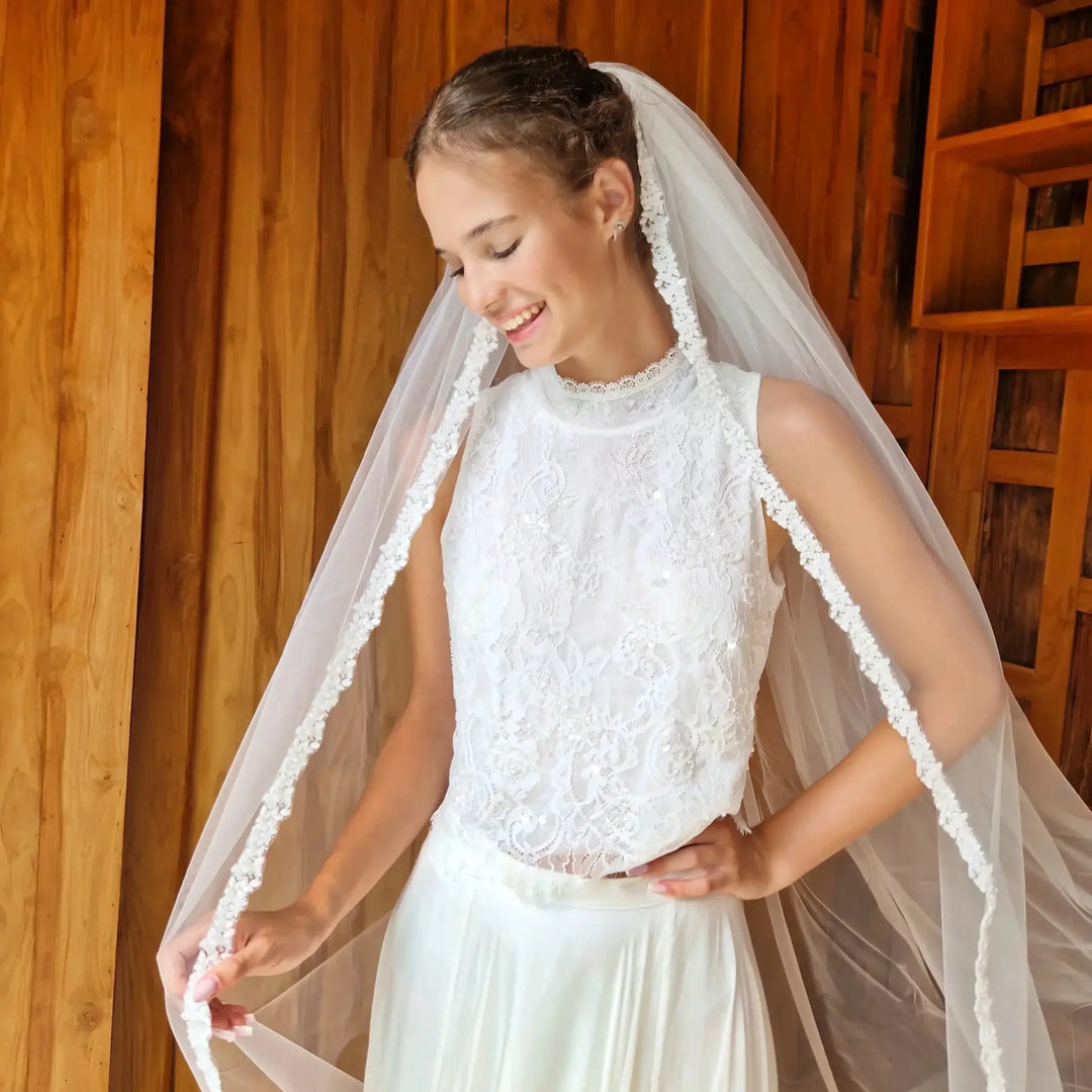 VOILE DE MARIÉE  TULLE IVOIRE À BORDURE EN DENTELLE ET PERLES - MILAN WD114 Novias
