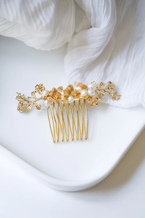 Peigne cheveux mariée perles naturelles et plaqué or 24k Mas accessoires- Atelier L 