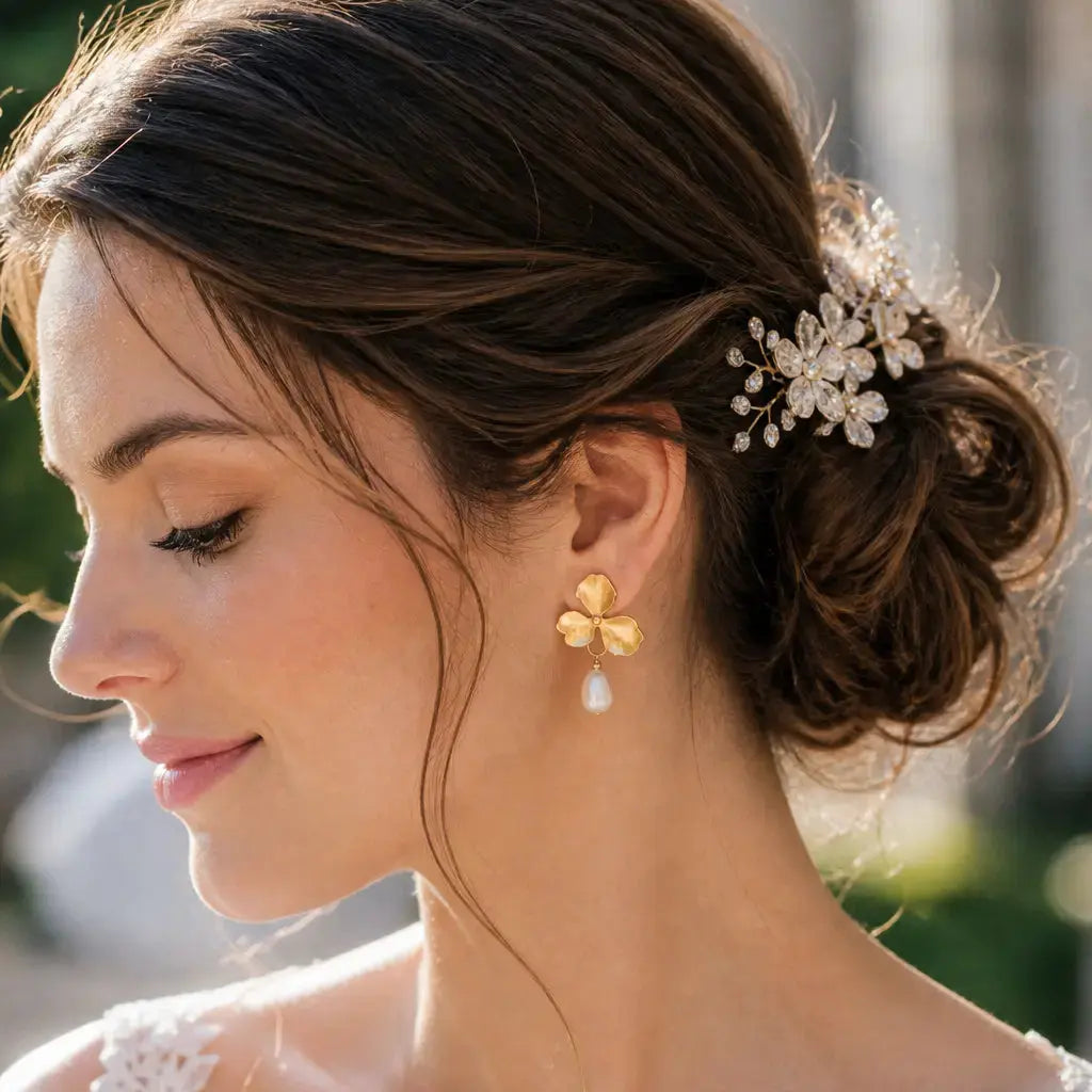 BOUCLES D’OREILLES MARIÉE VALENTINE – FLEUR DORÉE & PERLE Hortense