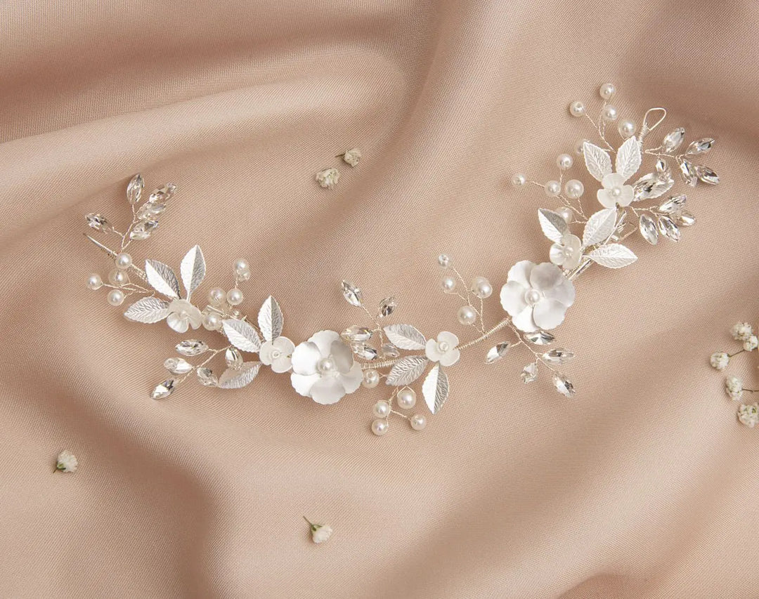 BIJOU DE CHEVEUX DE MARIÉE CRISTAUX, PERLES & FLEURS ARGENTÉ | HB1112 G.Westerleigh