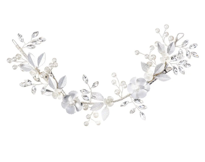 BIJOU DE CHEVEUX DE MARIÉE CRISTAUX, PERLES & FLEURS ARGENTÉ | HB1112 G.Westerleigh
