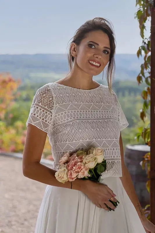 Boléro En Dentelle Fille - Taille 54cm - Motif Fleurs Roses Et Crème - Neuf Pour Mariages