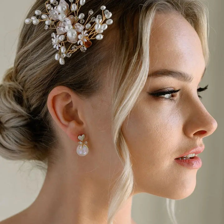 BOUCLES D’OREILLES MARIAGE CŒUR & PERLE ROSE – PLAQUÉ OR ERPE5 G.Westerleigh