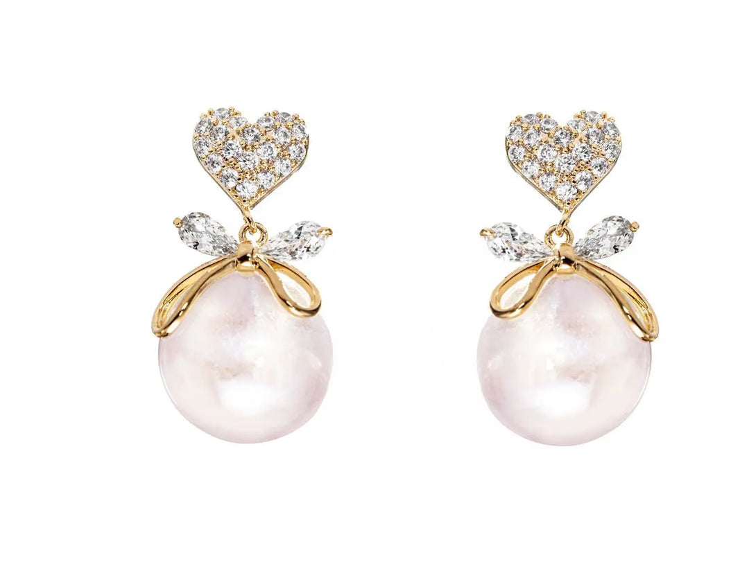 BOUCLES D’OREILLES MARIAGE CŒUR & PERLE ROSE – PLAQUÉ OR ERPE5 G.Westerleigh