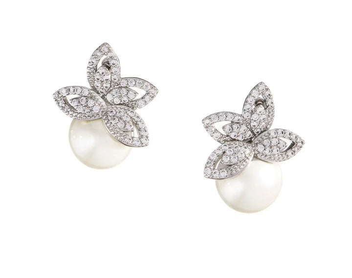 BOUCLES D’OREILLES MARIAGE FLEUR CRISTAUX & PERLE – PLAQUÉ ARGENT ER1101 G.Westerleigh