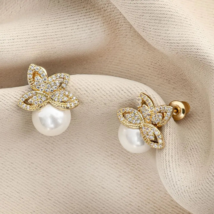 BOUCLES D’OREILLES MARIAGE FLEUR CRISTAUX & PERLE – PLAQUÉ OR ER1101G G.Westerleigh