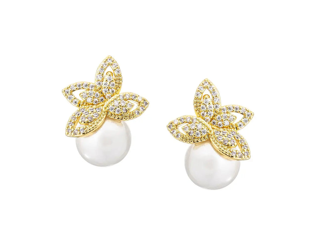 BOUCLES D’OREILLES MARIAGE FLEUR CRISTAUX & PERLE – PLAQUÉ OR ER1101G G.Westerleigh