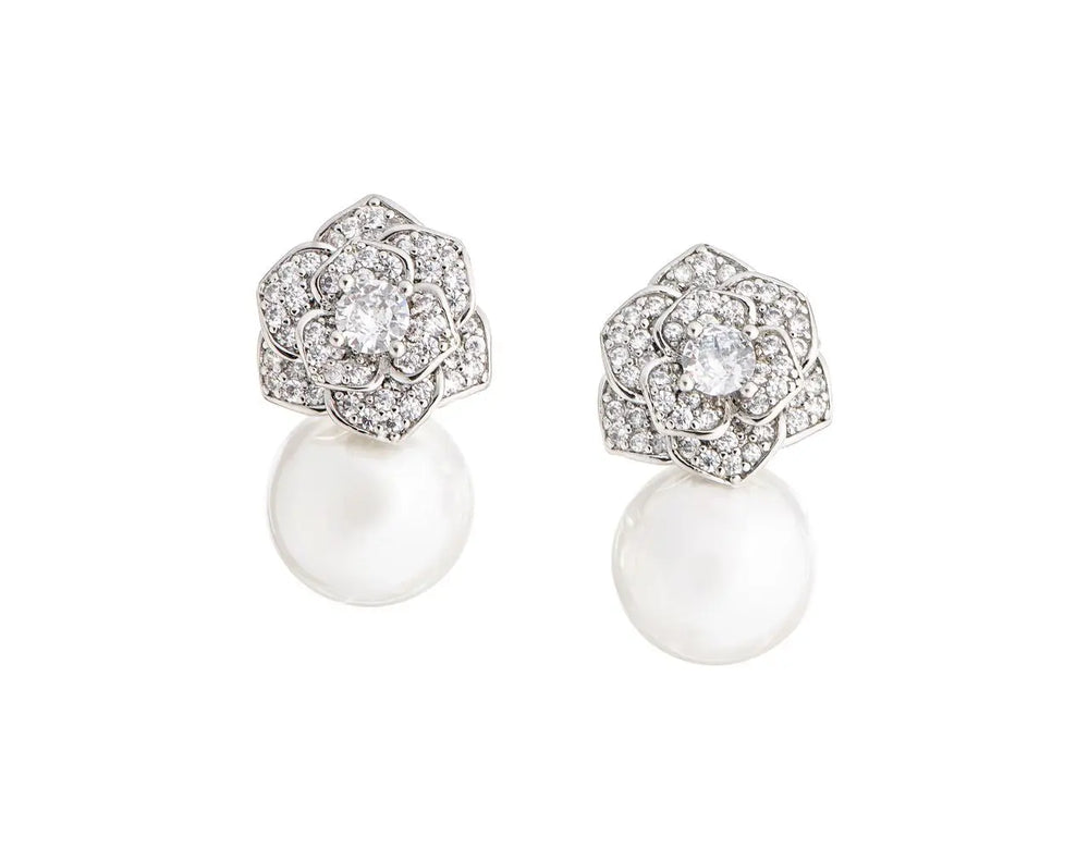 BOUCLES D’OREILLES MARIAGE FLEUR ZIRCONE & PERLE – PLAQUÉ RHODIUM ER191 G.Westerleigh