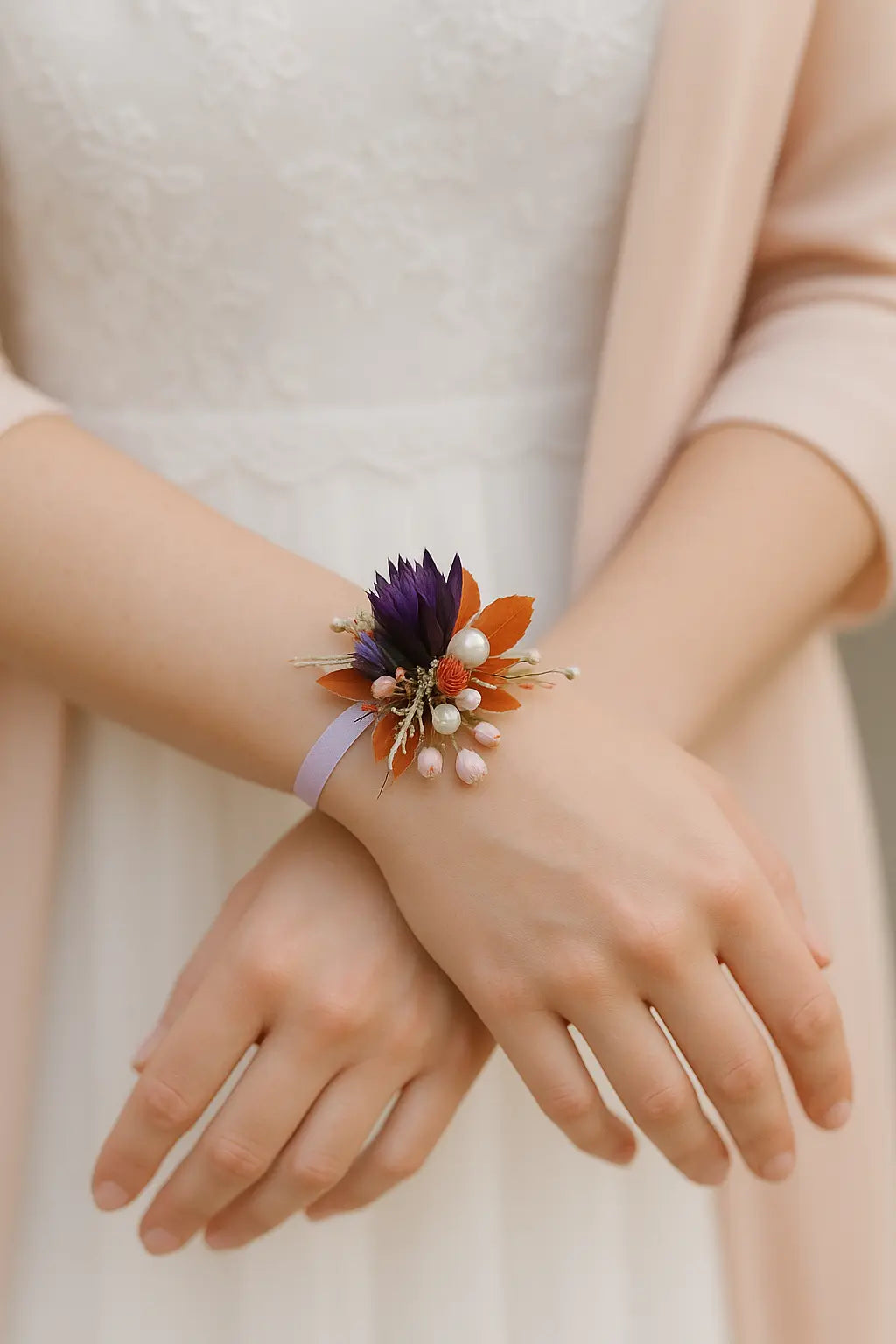 bracelet de mariage fleurs séchées Poeta ruban rose Mas accessoires  photo IA inspiration portée
