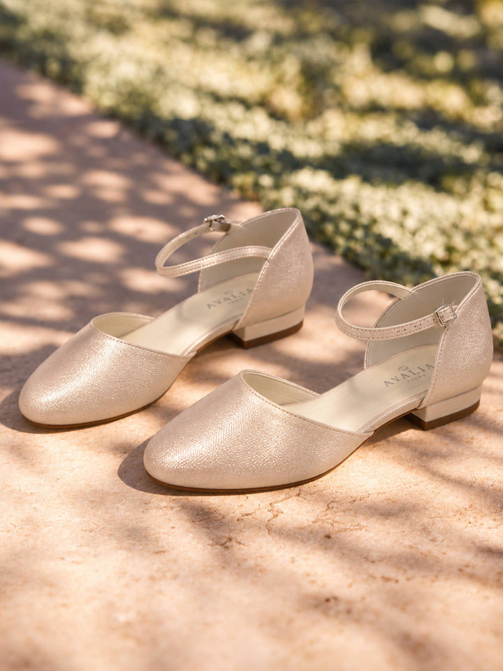 Babies de mariée Sissi en simili cuir doré clair champagne, bride à la cheville, Avalia