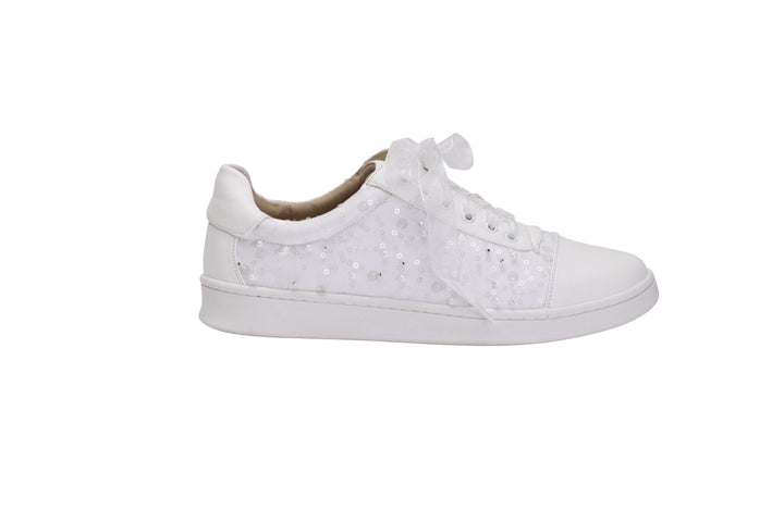 Basket de mariée Fleur vue de côté, dentelle à sequins sur satin ivoire