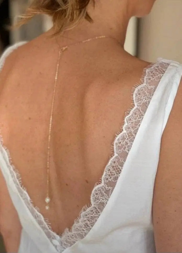 Bijou de dos nu, collier robe dos ouvert,chaîne argentée: Argenté/nacré Ivoire / Collier de dos L'atelier du 6
