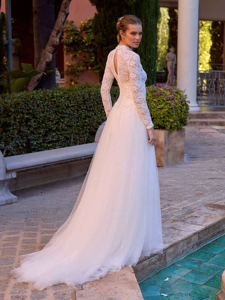 Body de mariée E518 – dentelle – col montant et manches longues BIANCO EVENTO