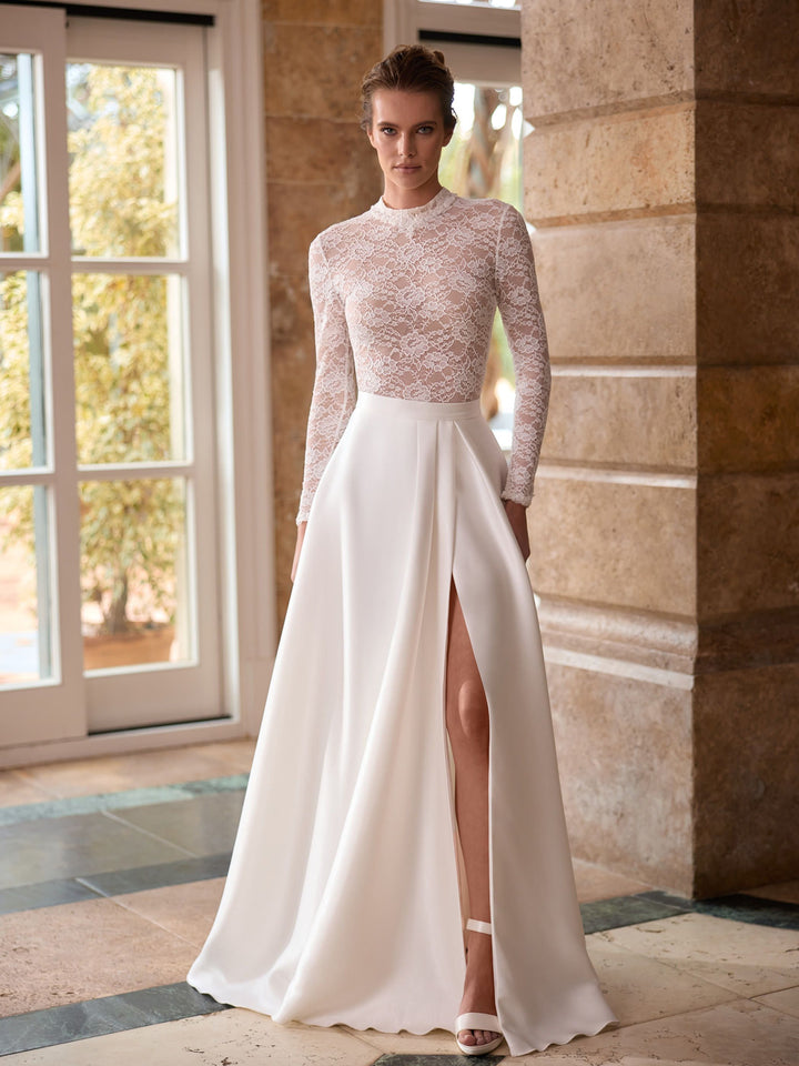 Body de mariée E518 – dentelle – col montant et manches longues BIANCO EVENTO