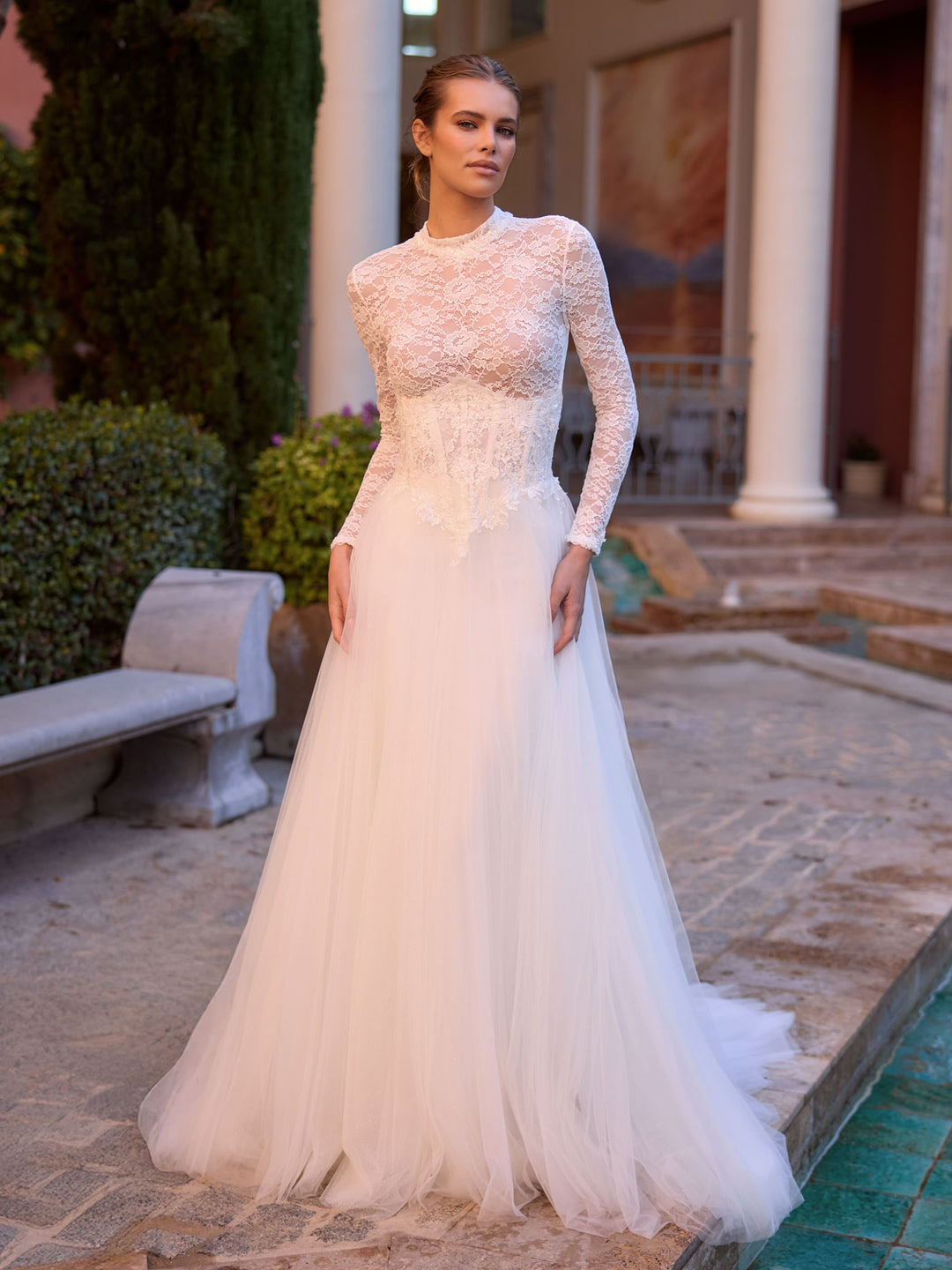 Body de mariée E518 – dentelle – col montant et manches longues BIANCO EVENTO