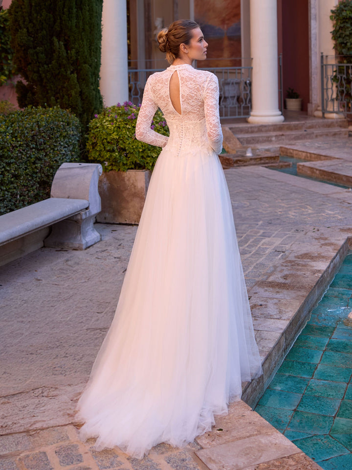 Body de mariée E518 – dentelle – col montant et manches longues BIANCO EVENTO